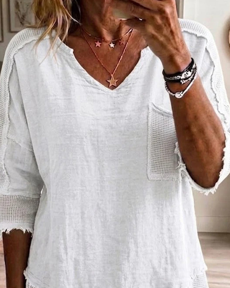 Raw-Edged Patchwork V-Neck Solid Color Blouse