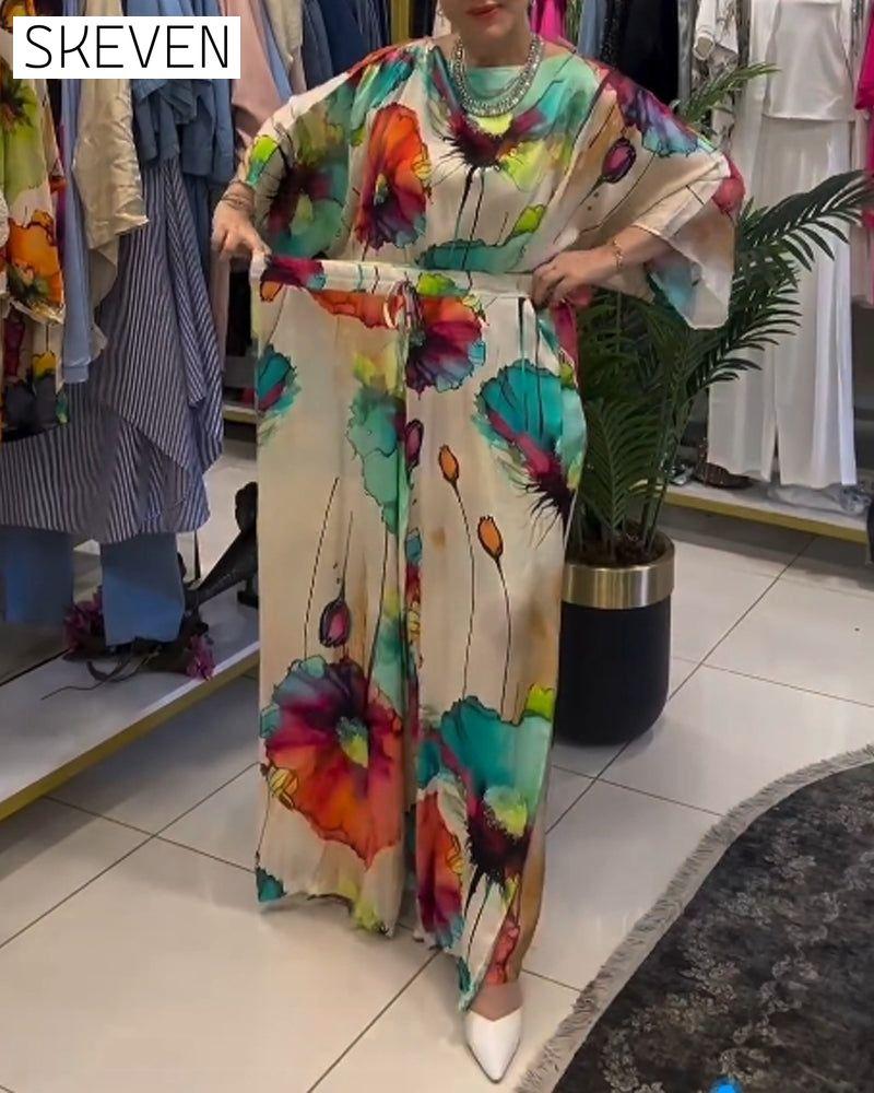 ensemble à imprimé lotus, une épaule et manches trois-quarts