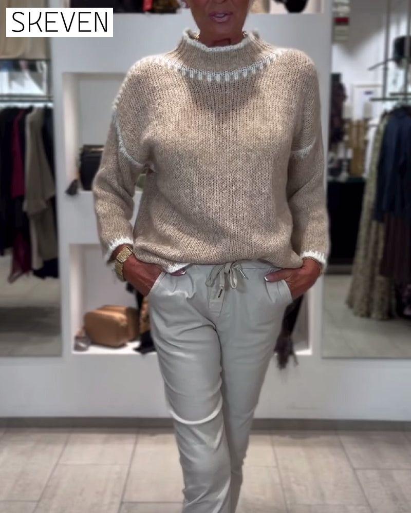 High-Neck Contrasting Color Versatile Pullover