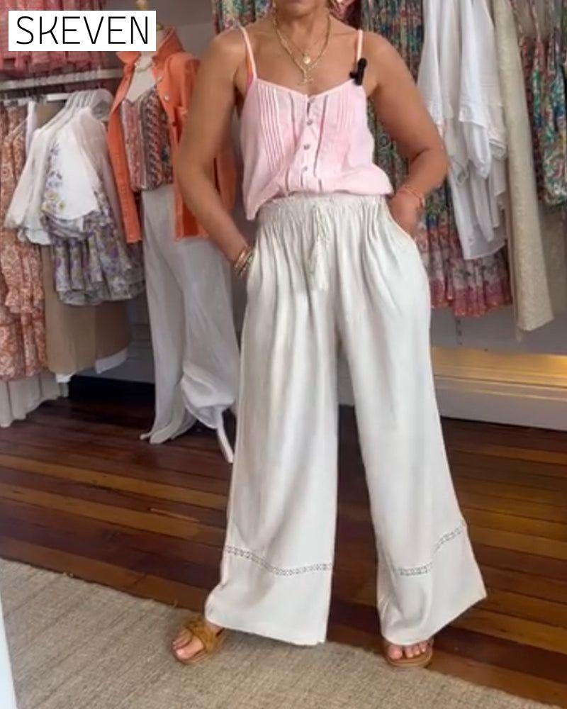 Solid color comfortable wide leg pants with pockets