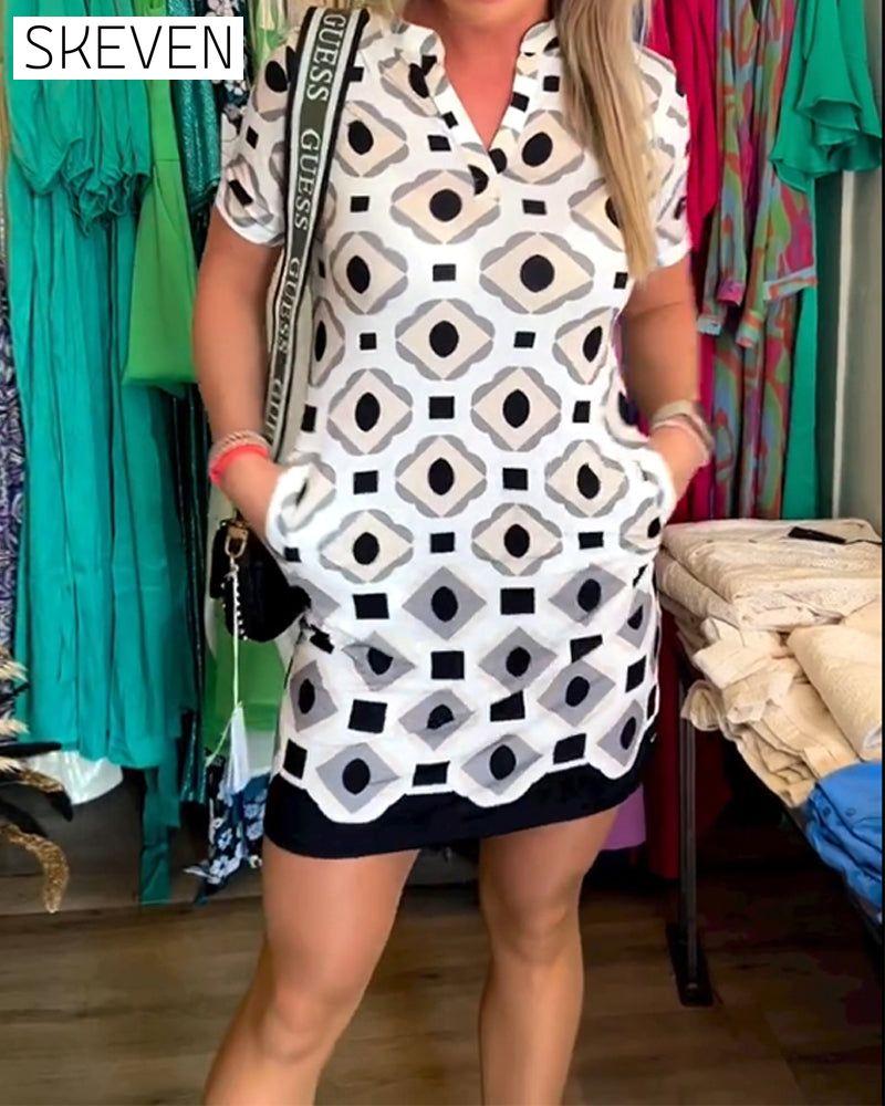 V-Neck Short Sleeve Printed Dress
