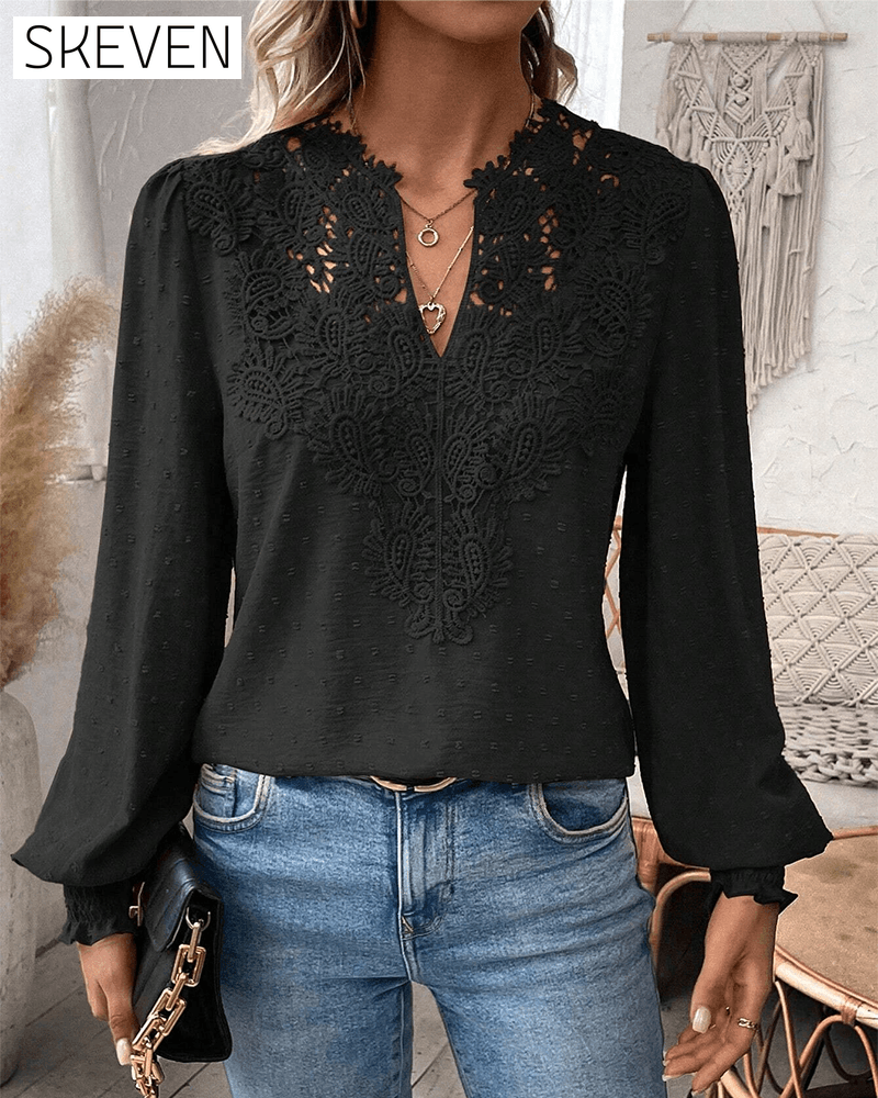 Bluse mit V-Ausschnitt und Jacquard-Spitze