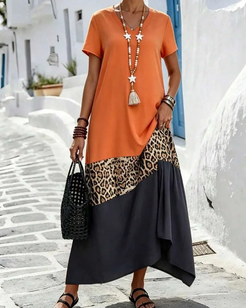 V-Neck Color Block Patchwork Leopard Maxi Dress