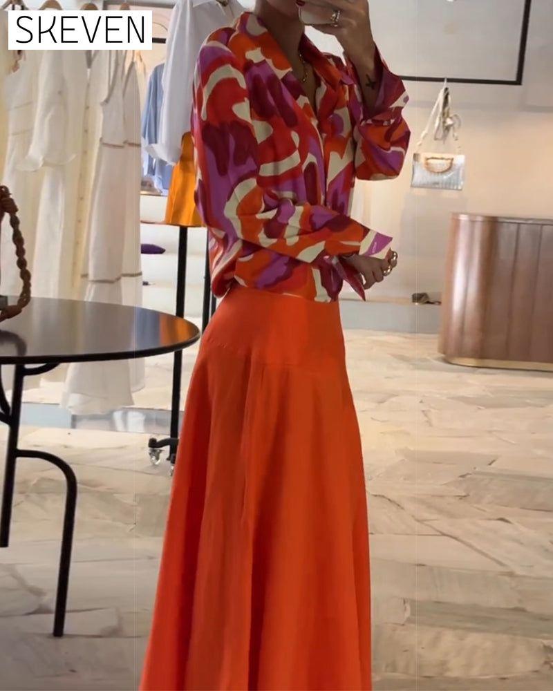 Lapel Colorful Printed Blouse with Buttons