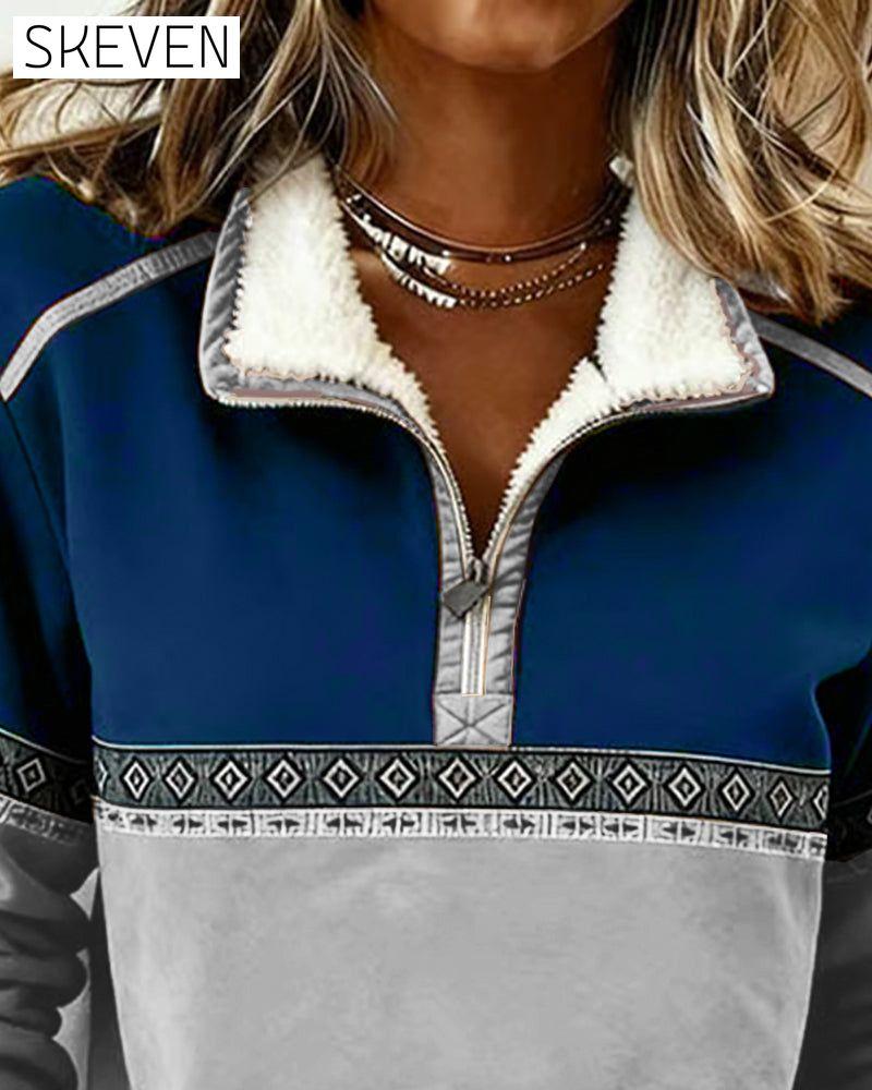 Retro-Sweatshirt mit farblich abgesetztem Pelzkragen