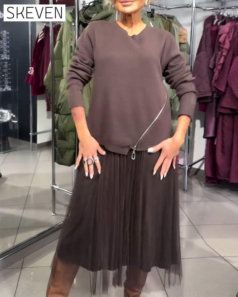 Set aus stylischem Pullover mit Reißverschluss und Rundhalsausschnitt
