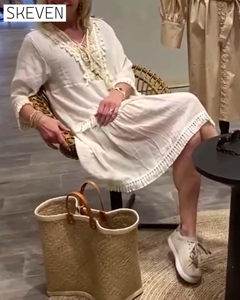 robe décontractée à franges et col en V en dentelle
