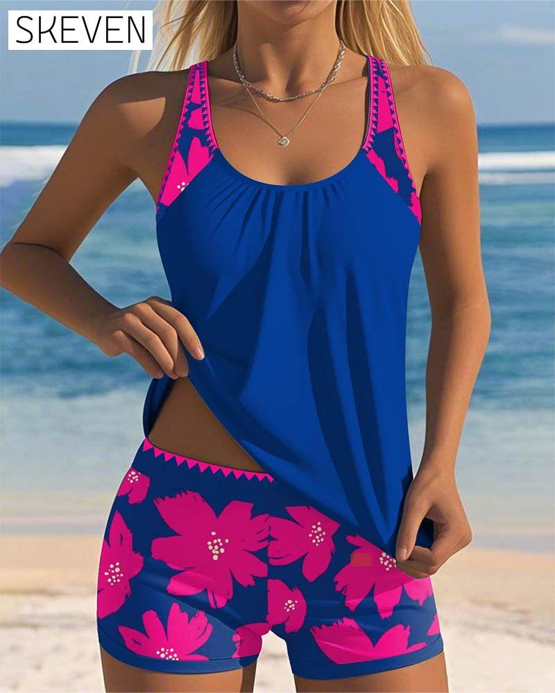 U-Neck Sleeveless Printed Boxer Tankini