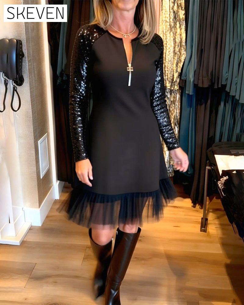 Modisches Paillettenkleid mit Reißverschluss und Patchwork-Details