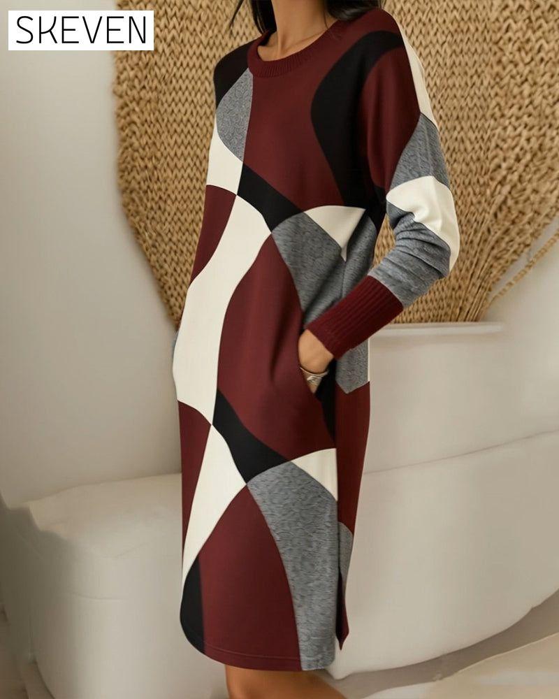 Color-Blocked Fashionable Round Neck Dress