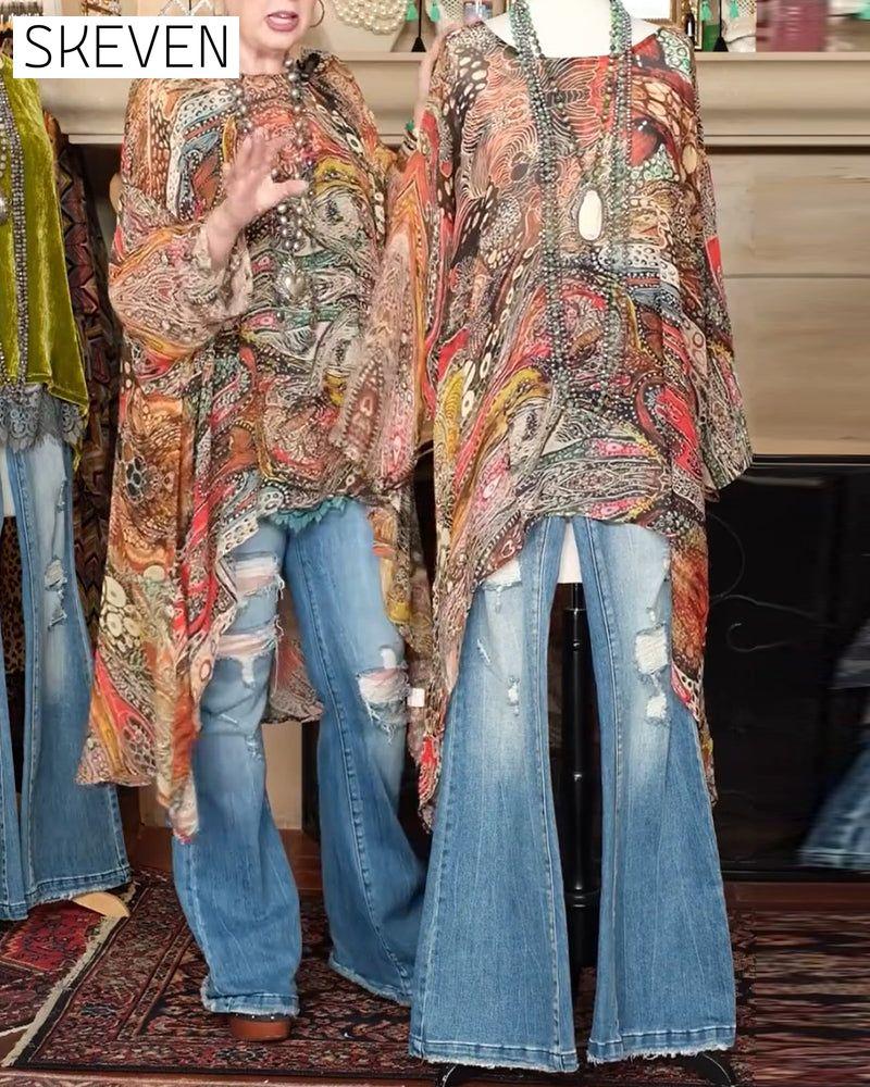 Lockere Bluse mit Fledermausärmeln und Print