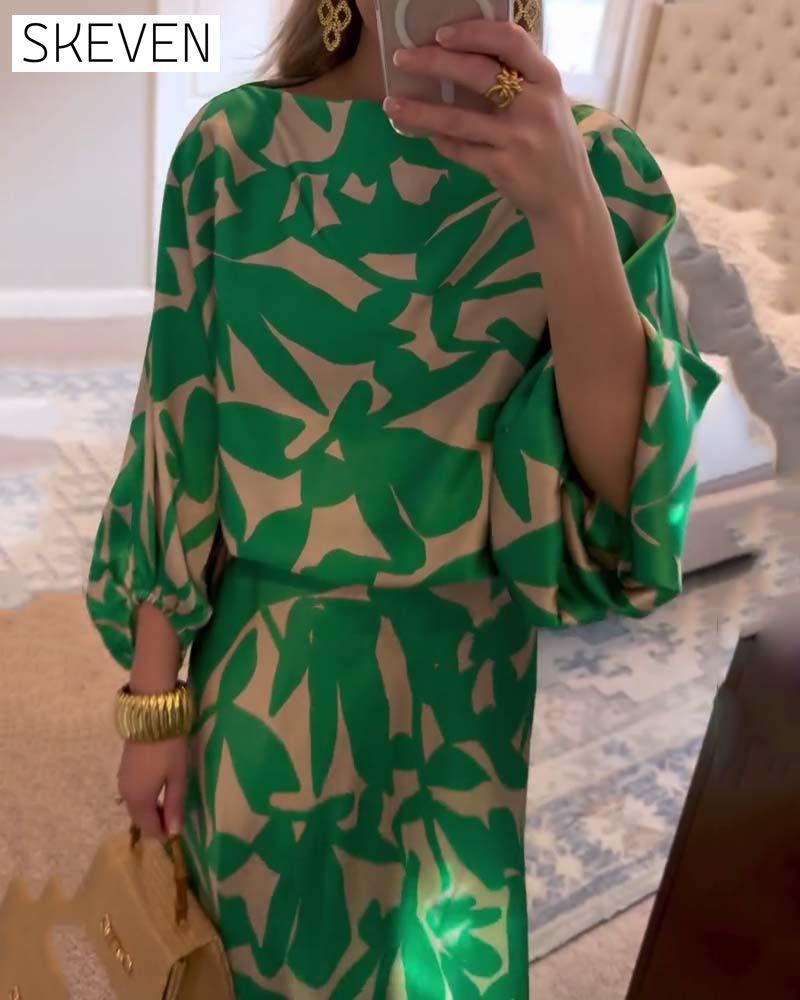 Temperament Printed Lantern Sleeves Casual Dress Set