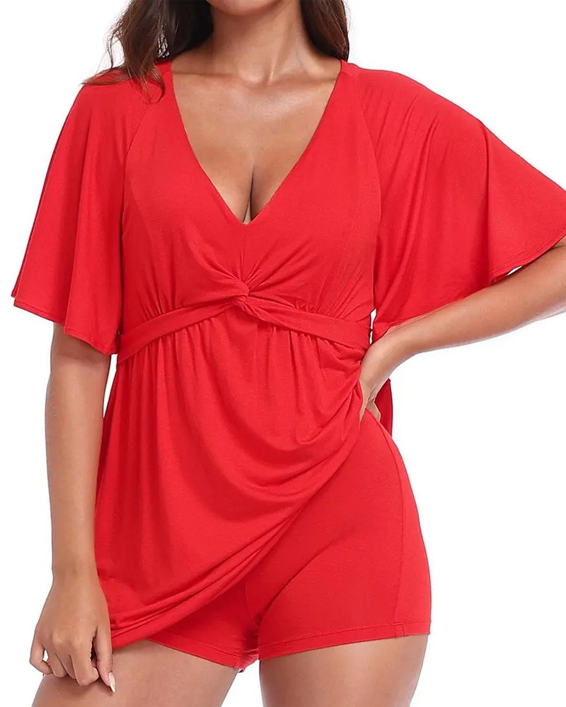 V-Neck Waist-Cinching Romper Dress