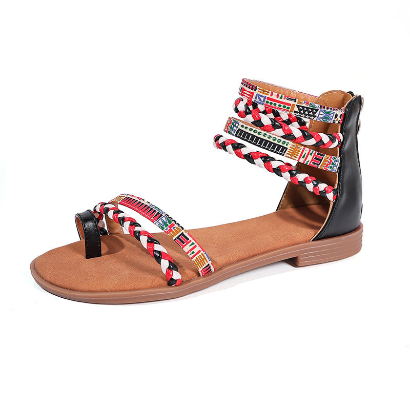 Flat Sandals Colorful Weave Strapped Shoes With Back Zipper Women's Shoes
