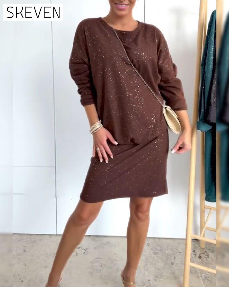 Robe de mode à col rond et fines paillettes