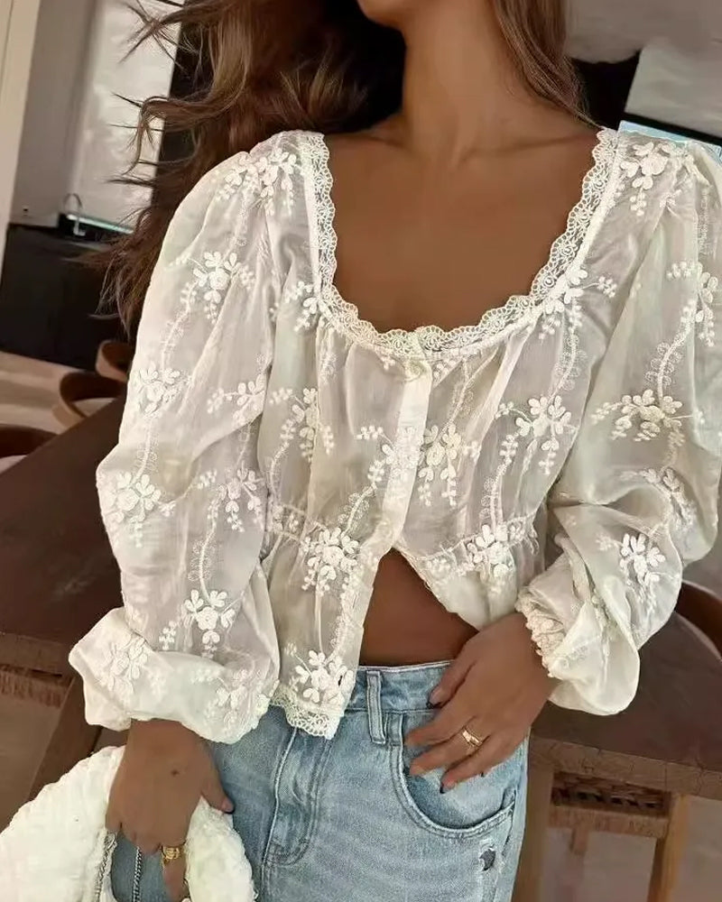 U-Neck Loose Embroidered Long-Sleeved Blouse