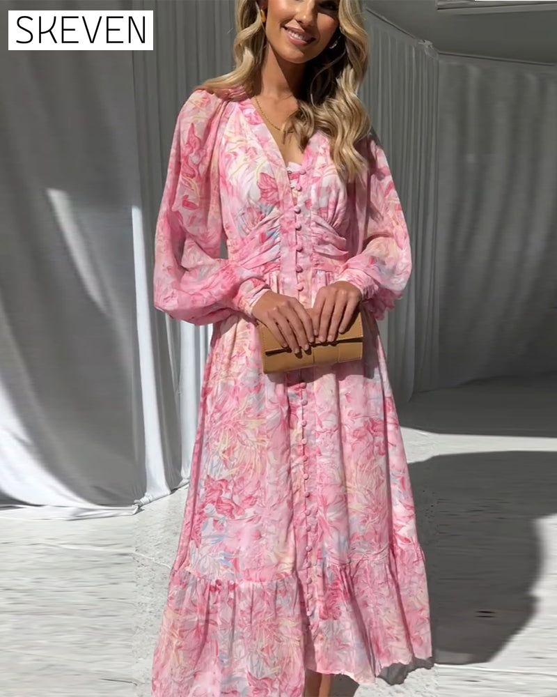 Gentle button print long dress casual dresses spring summer