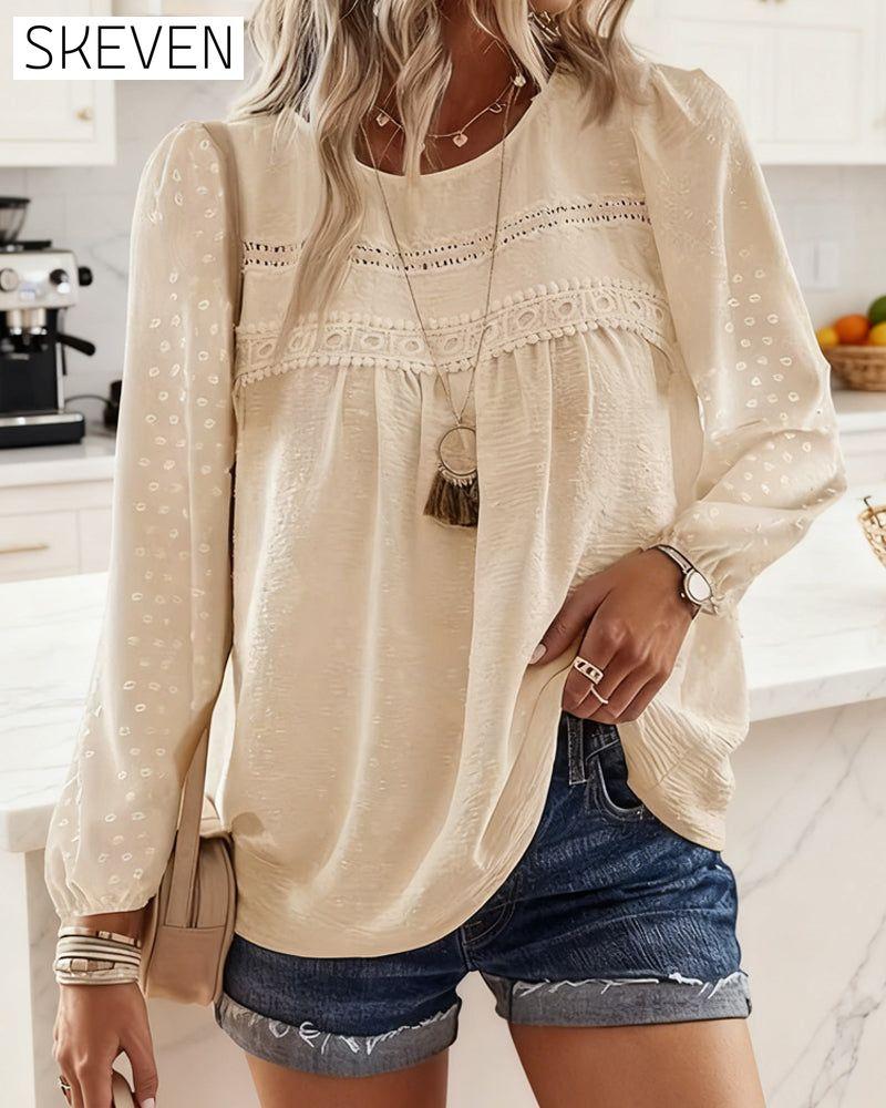 Lace Paneled Crew Neck Blouse
