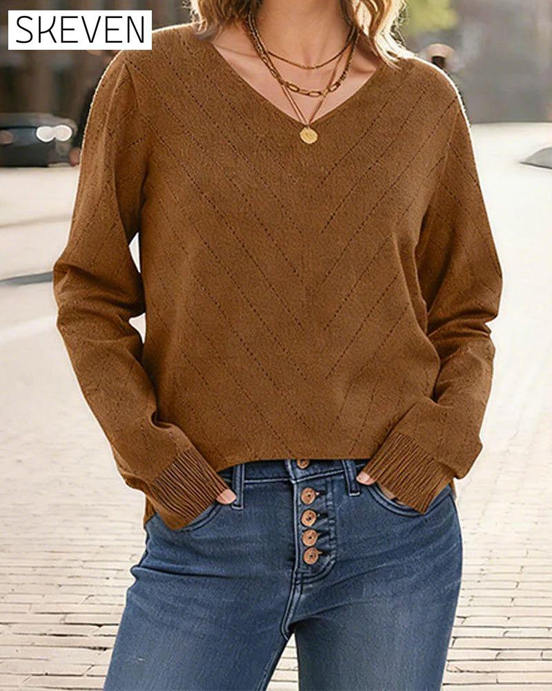 🔥Hot Sale Deals-V-Neck Pointelle Knit Pullover Sweat