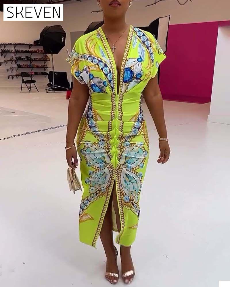 robe imprimée à fente en V profond
