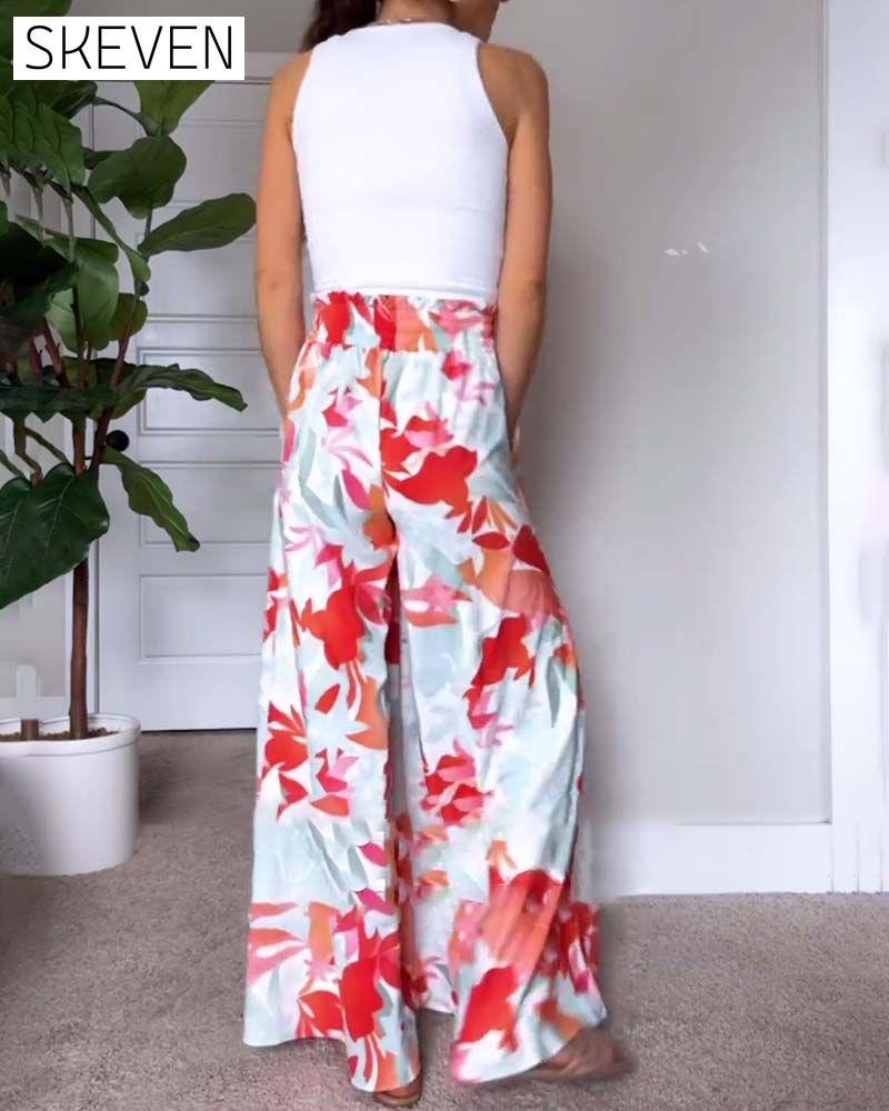 Leaf print drawstring long wide-leg pants pants spring summer