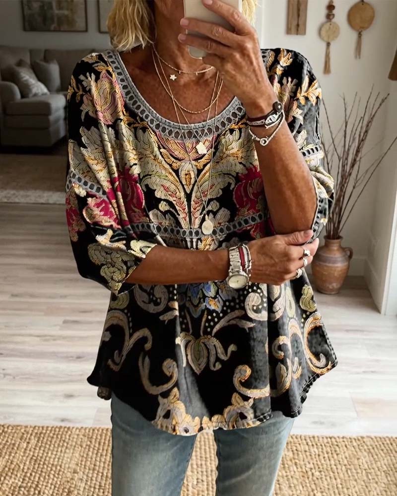 Bohemian Openwork Printed Blouse