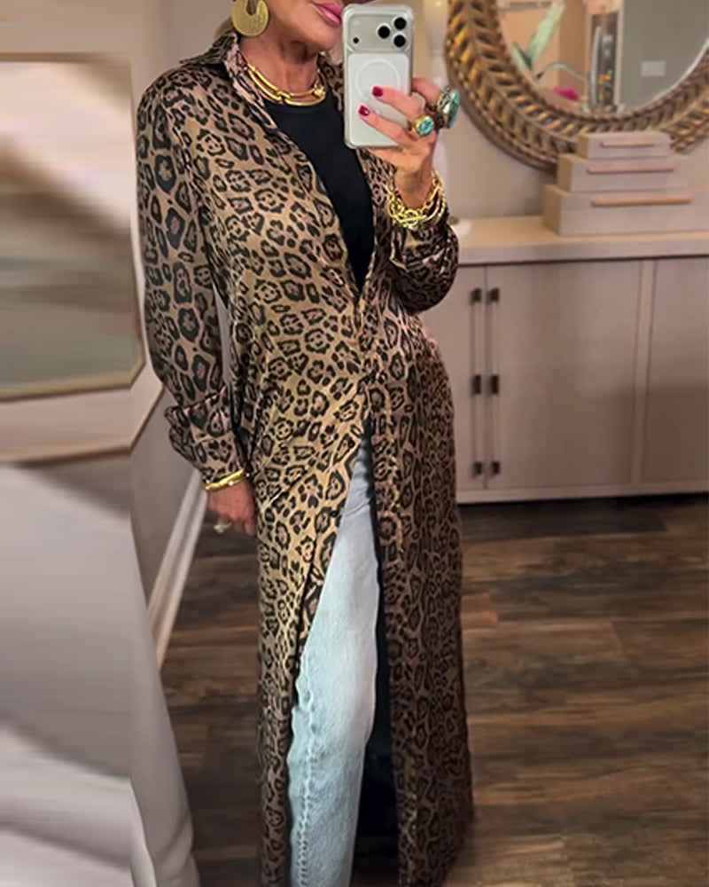 Leopard Print Slit Long Sleeve Dress