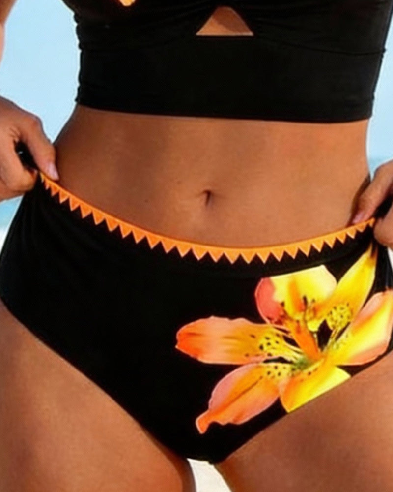 Lotus Leaf Sleeve Printed High-Waisted Two-Piece Bikini