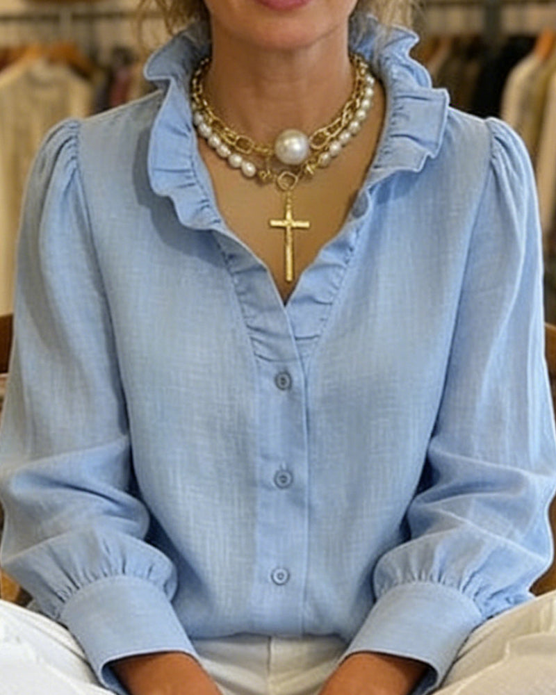 Elegant Lace Ruffle Linen Blouse