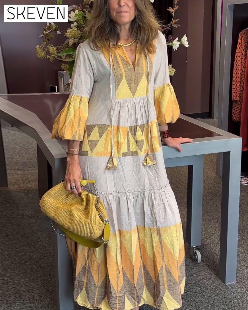 robe ample imprimée à manches cloche et col en V