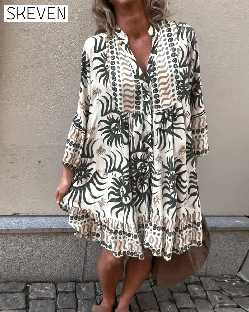 Bell Sleeve Loose Printed Holiday Dress