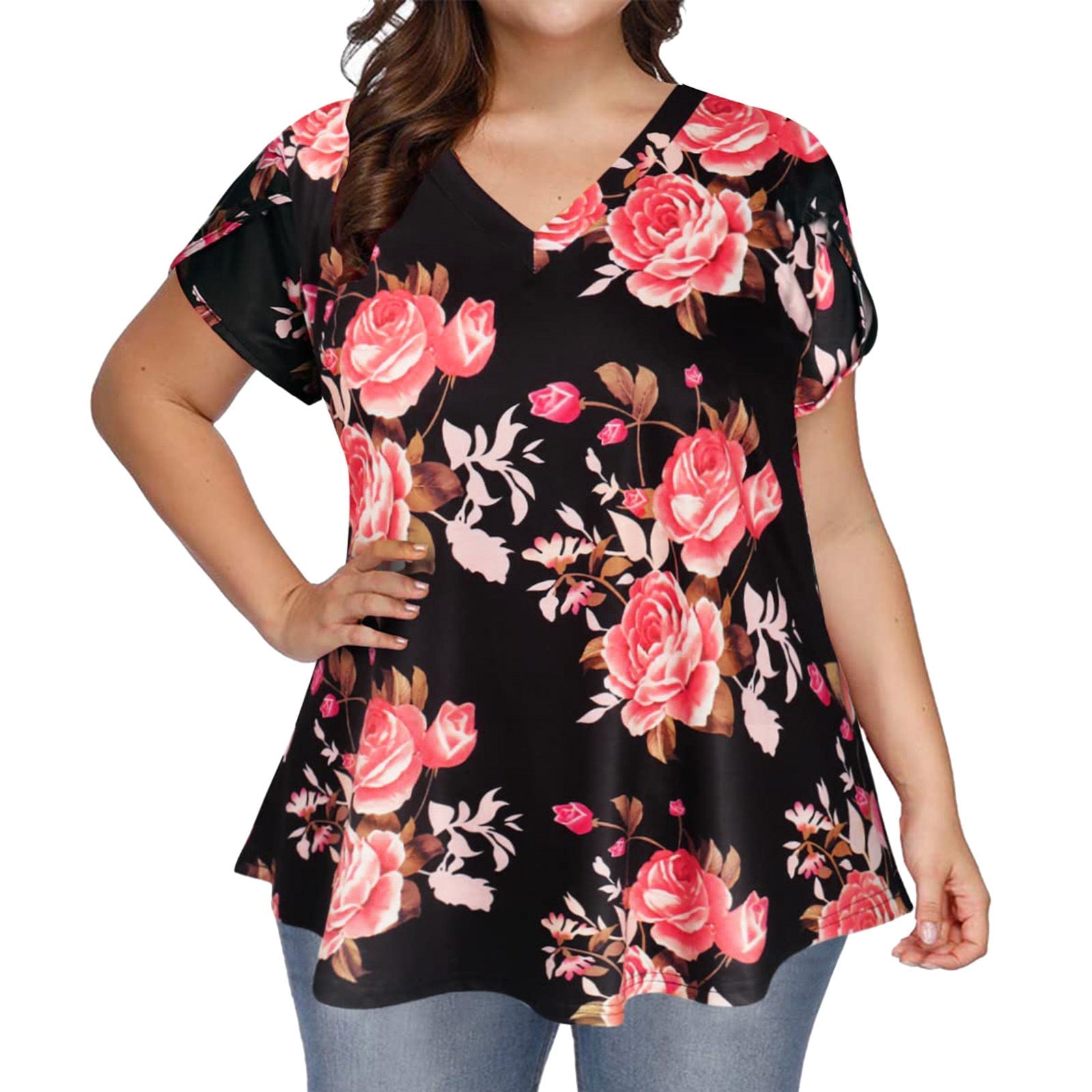 V-neck Relaxed-fit Petal-sleeve Short Sleeves
