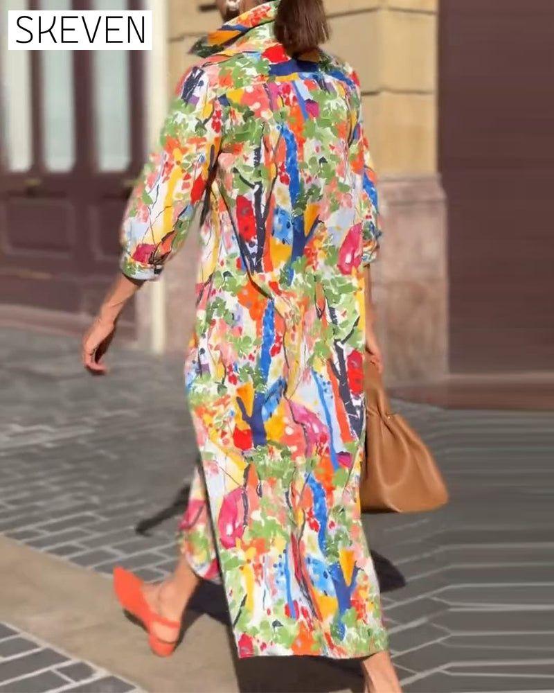 Bedrucktes Swingkleid mit Reverskragen und halblangen Ärmeln