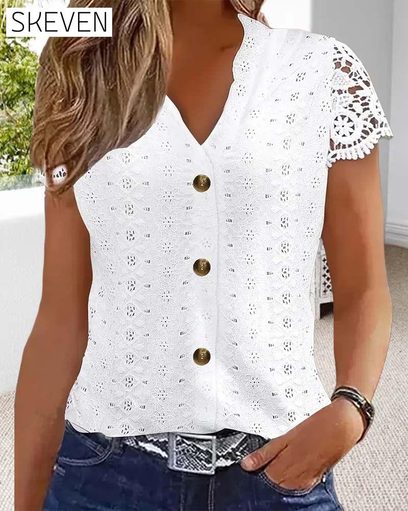 Solid Color Hollow Short-Sleeved Blouse