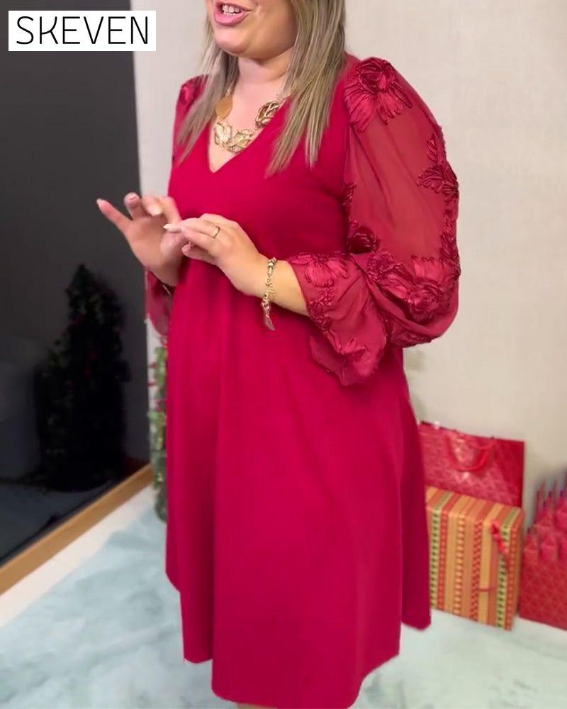 Puff Sleeve Tulle Panels V-Neck Loose Dress