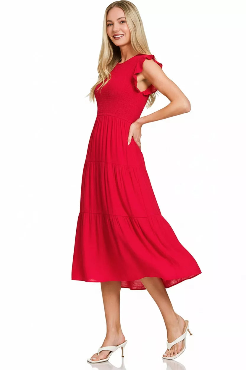 Woven Smocked Ruffle Sleeve Midi Dress