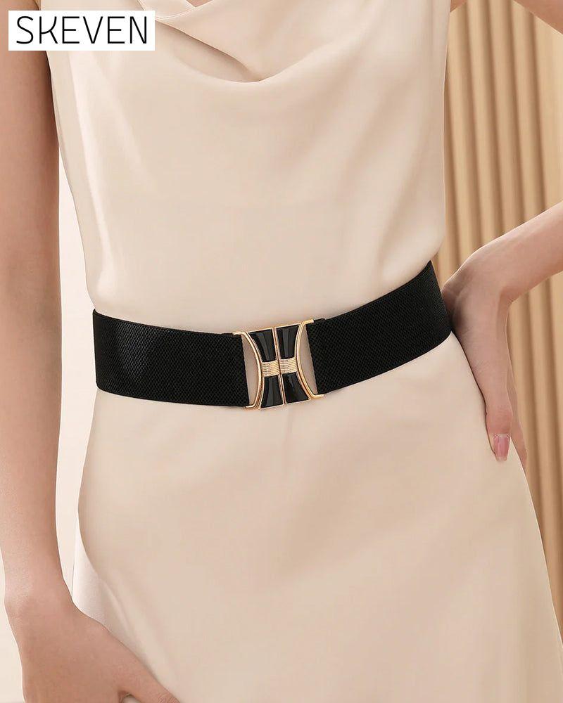 Ceinture vintage en cuir élastique avec boucle dorée pour femme