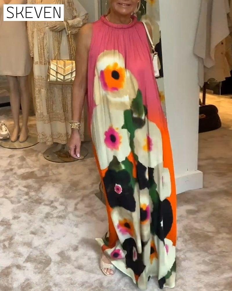 Sleeveless floral print casual long dress
