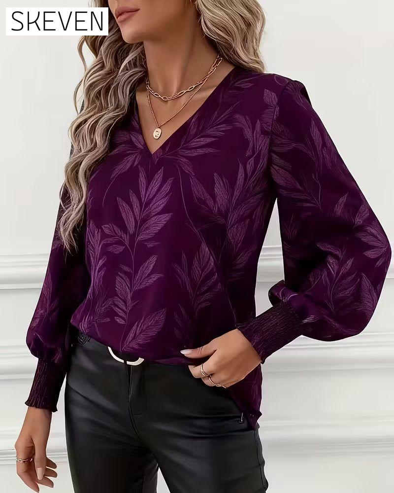 Bluse mit Blattmuster, V-Ausschnitt und langen Ärmeln