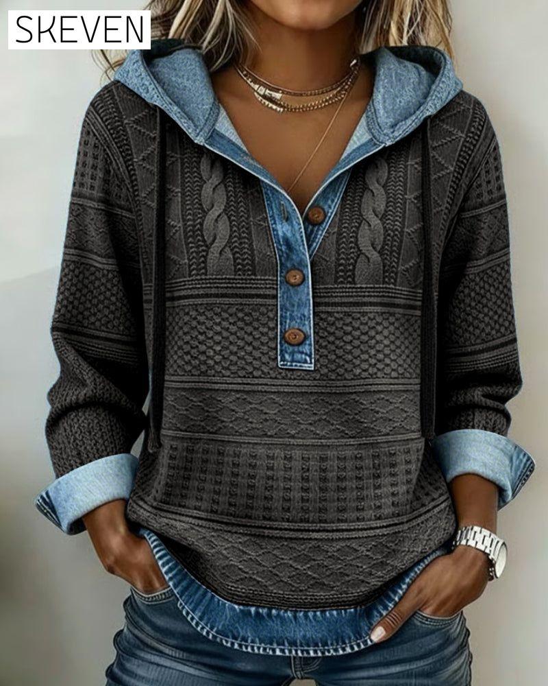 Zopfstrick-Denim-Patchwork-Hoodie