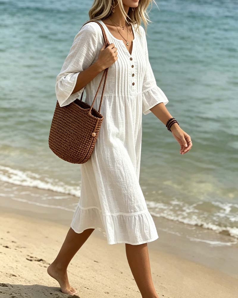 Solid Color V-Neck Pleated Ruffled Dress