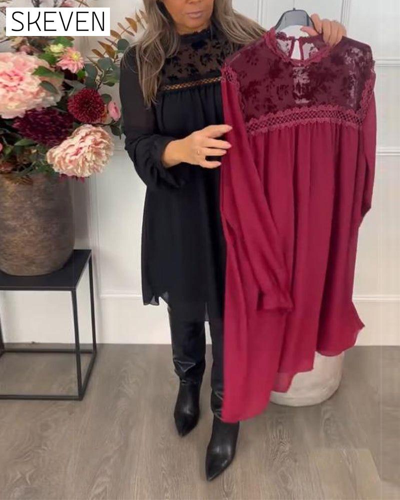 Lace Cutout Puff-Sleeve Elegant Dress