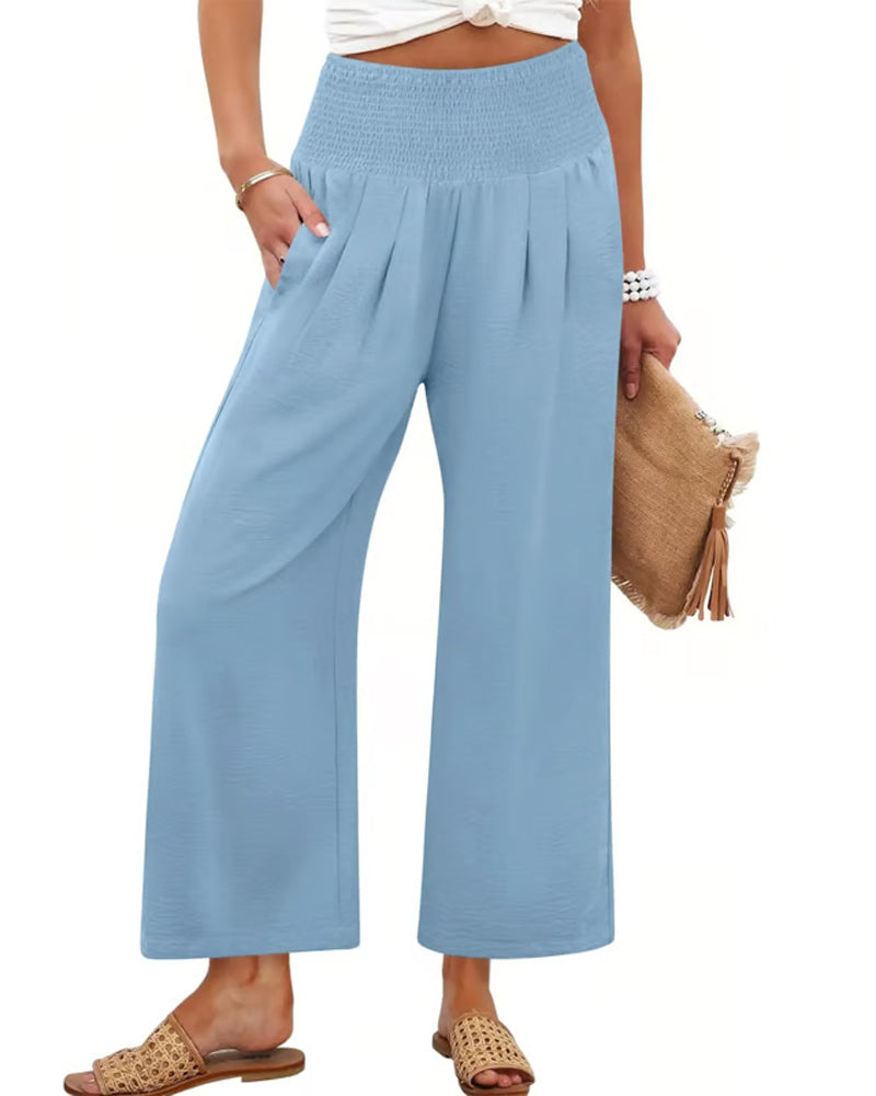 Solid High Waist Wide-Leg Pants