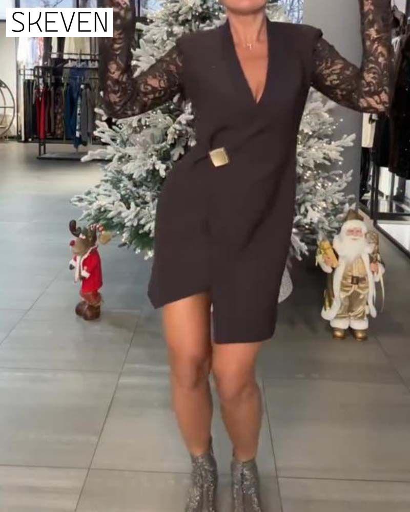 Lace-Paneled Deep V-Neck Fitted Dress