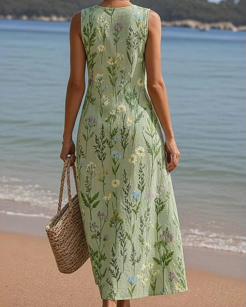 Diagonal Button Sleeveless V-Neck Floral Dress