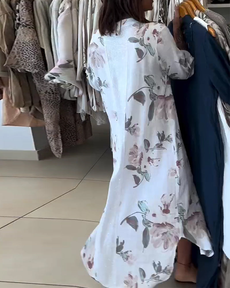 Stand Collar Long Sleeve Printed Shirt Dress