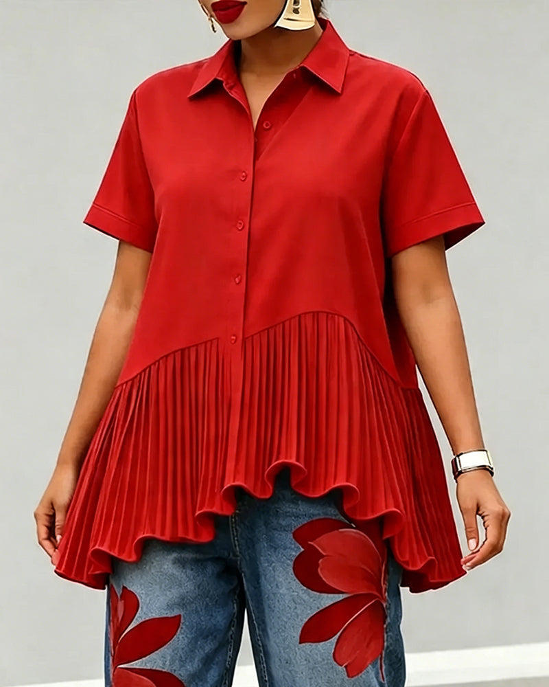 Asymmetrical Pleated Hem Lapel Blouse