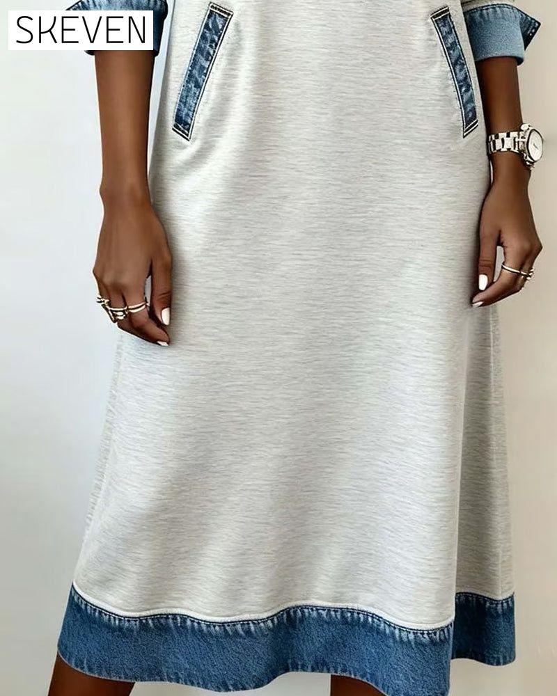 Casual Lapel Denim Patchwork Dress