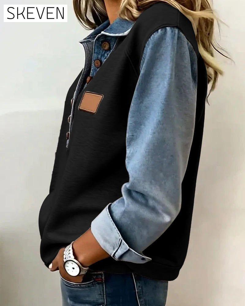 Sweat-shirt à manches longues en patchwork de denim élégant