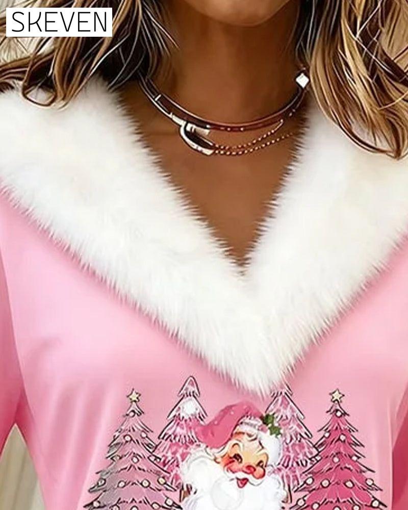 Large Fur Collar Printed Top